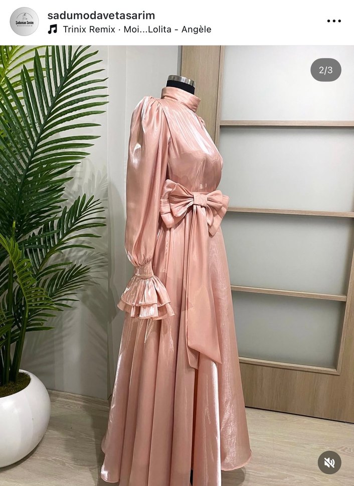 Bej Parlak Uzun Kadın Abiye Elbise - Görsel 2