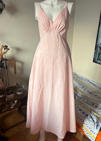Pembe V Yaka Vintage Askılı Uzun Gecelik