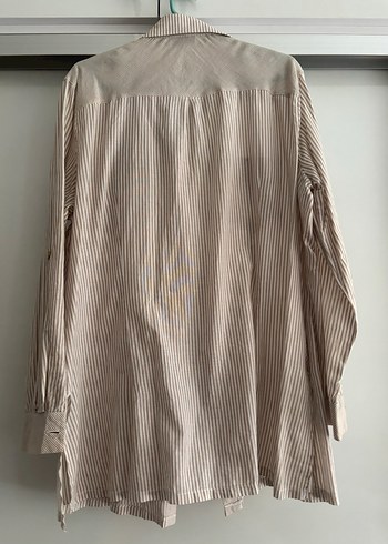 Bej Uzun Kollu Keten Midi Gömlek - Görsel 2