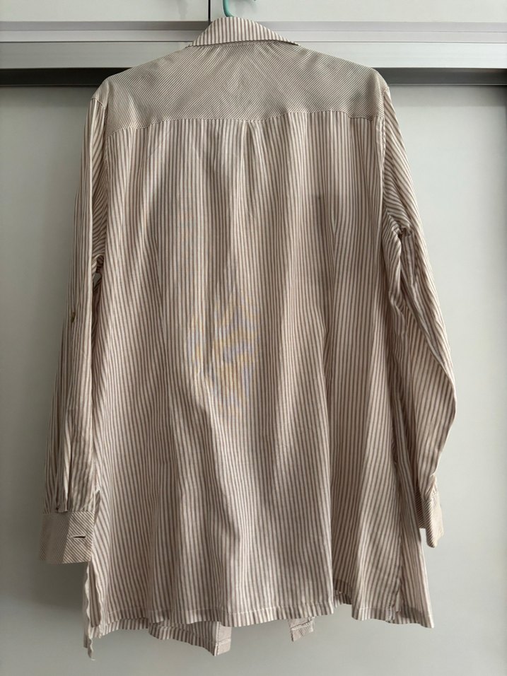 Bej Uzun Kollu Keten Midi Gömlek - Görsel 2