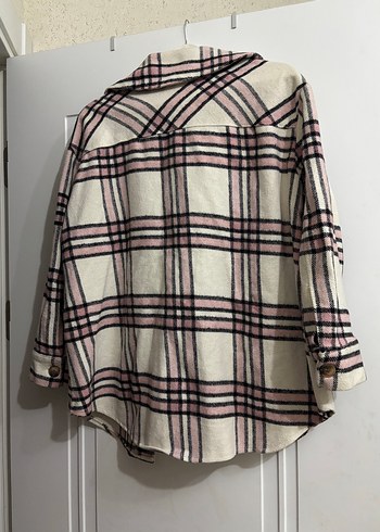 Düğmeli Pembe Ekose Kadın Mini Ceket gömlek - Görsel 2