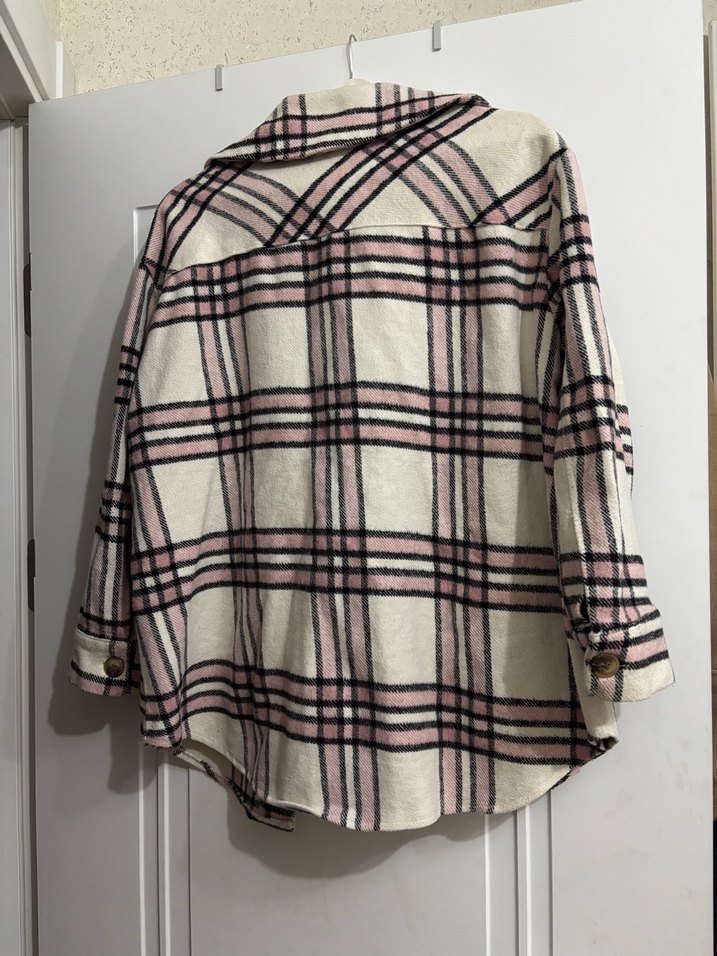 Düğmeli Pembe Ekose Kadın Mini Ceket gömlek - Görsel 2