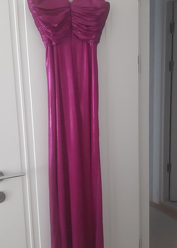 Parlak fuşya Drapeli Uzun Abiye Elbise - Görsel 5