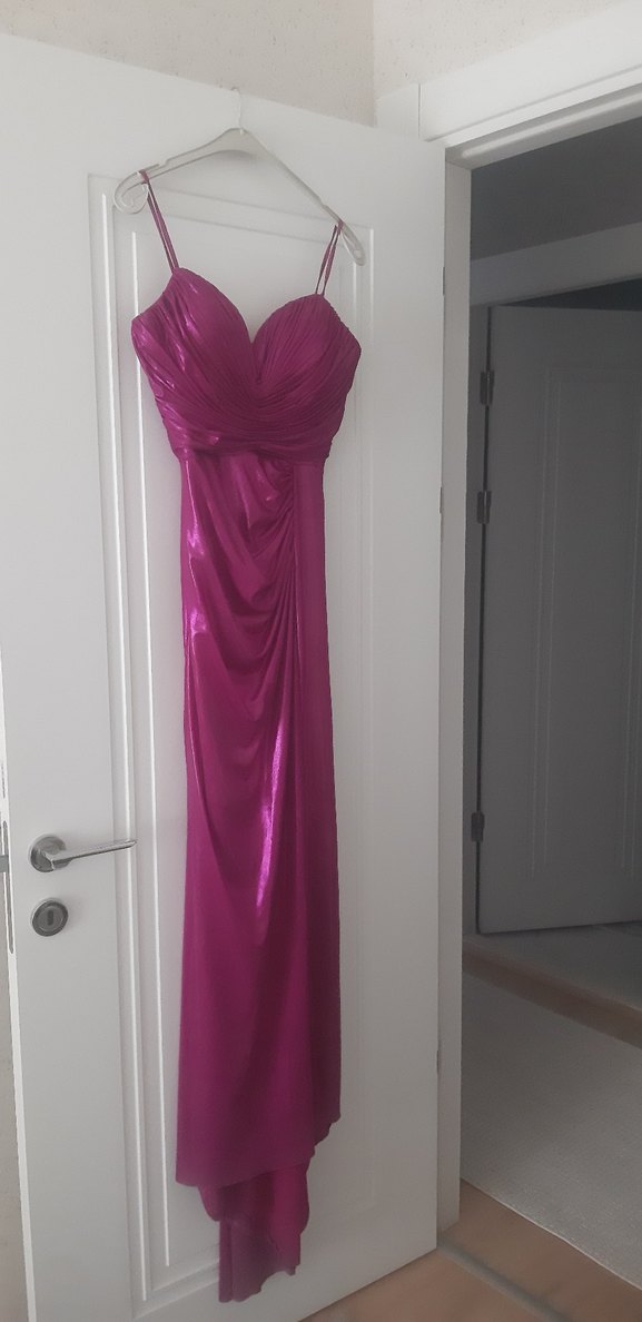 Parlak fuşya Drapeli Uzun Abiye Elbise - Görsel 4