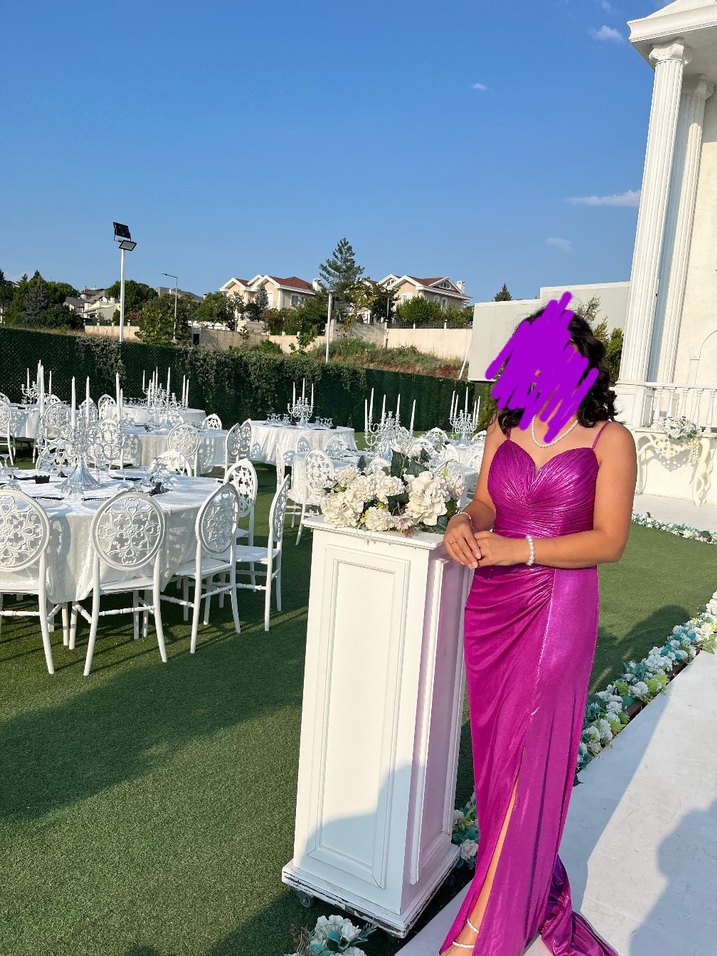 Parlak fuşya Drapeli Uzun Abiye Elbise - Görsel 2