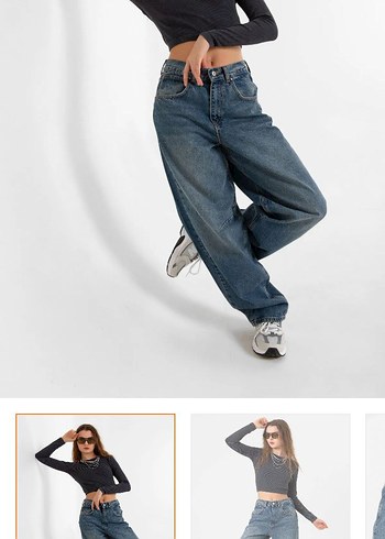 diğer Beden mavi Renk Toka detaylı koyu mavi bol kesim geniş paça Baggy jean pantolon