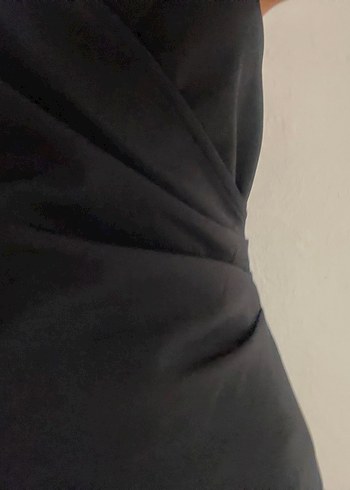 Drapeli Siyah Midi V Yaka Gece Elbisesi - Görsel 2