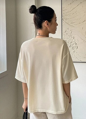 Koton Kadın bej balance baskılı oversize tshirt 