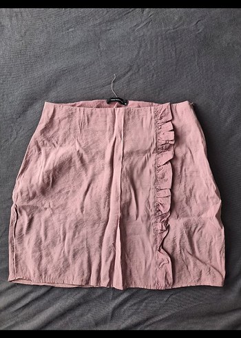 Pembe Keten Fırfırlı Midi Etek
