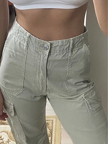 zara haki wide leg kargo pantolon - Görsel 3