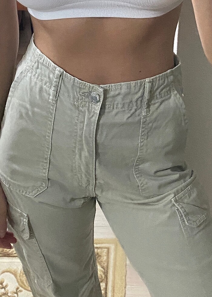 zara haki wide leg kargo pantolon - Görsel 3