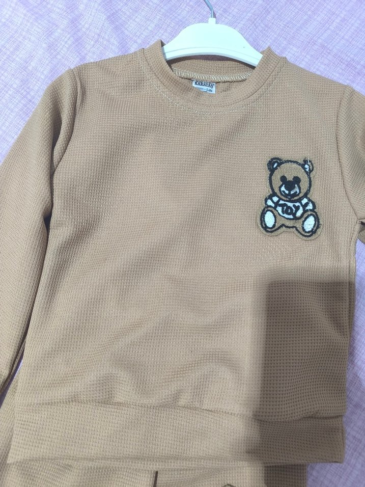 Kız ve erkekler için Kahverengi Nakışlı Rahat Eşofman Takımı - Görsel 2