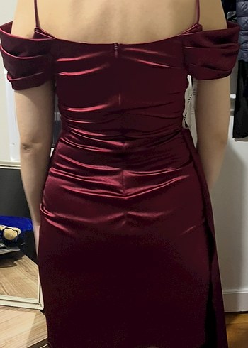 Bordo Drapeli Saten Abiye Elbise - Görsel 2