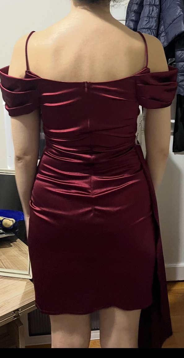 Bordo Drapeli Saten Abiye Elbise - Görsel 2