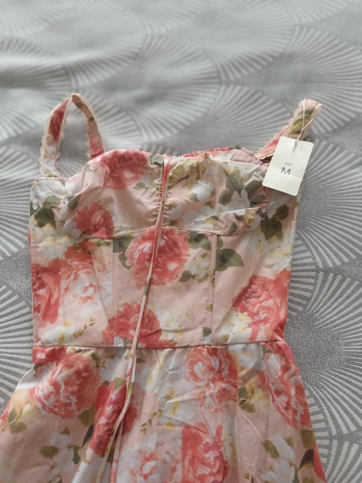 Pembe Çiçekli Uzun Askılı Straplez Elbise - Görsel 2