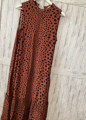 Kahverengi Leopar Desenli Uzun Bohem Elbise