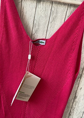 Lacoste Pembe V Yakalı Örme Uzun Elbise
