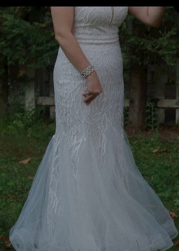 Beyaz V Yakalı Denizkızı Gelinlik - Görsel 11