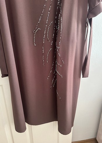 Kahverengi Uzun Kollu Nakışlı Salaş Elbise - Görsel 3