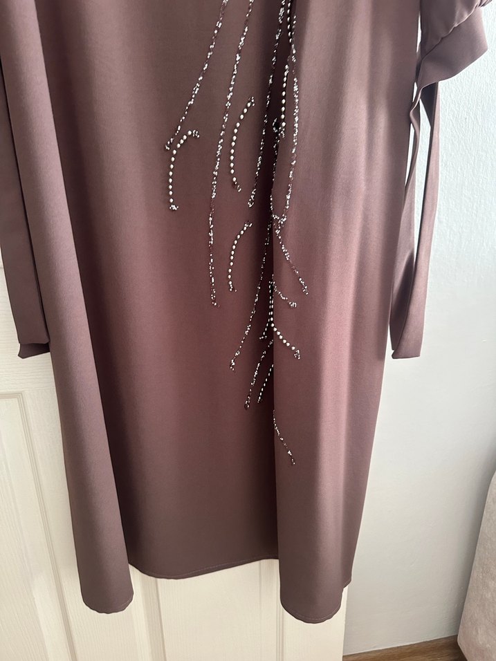 Kahverengi Uzun Kollu Nakışlı Salaş Elbise - Görsel 3