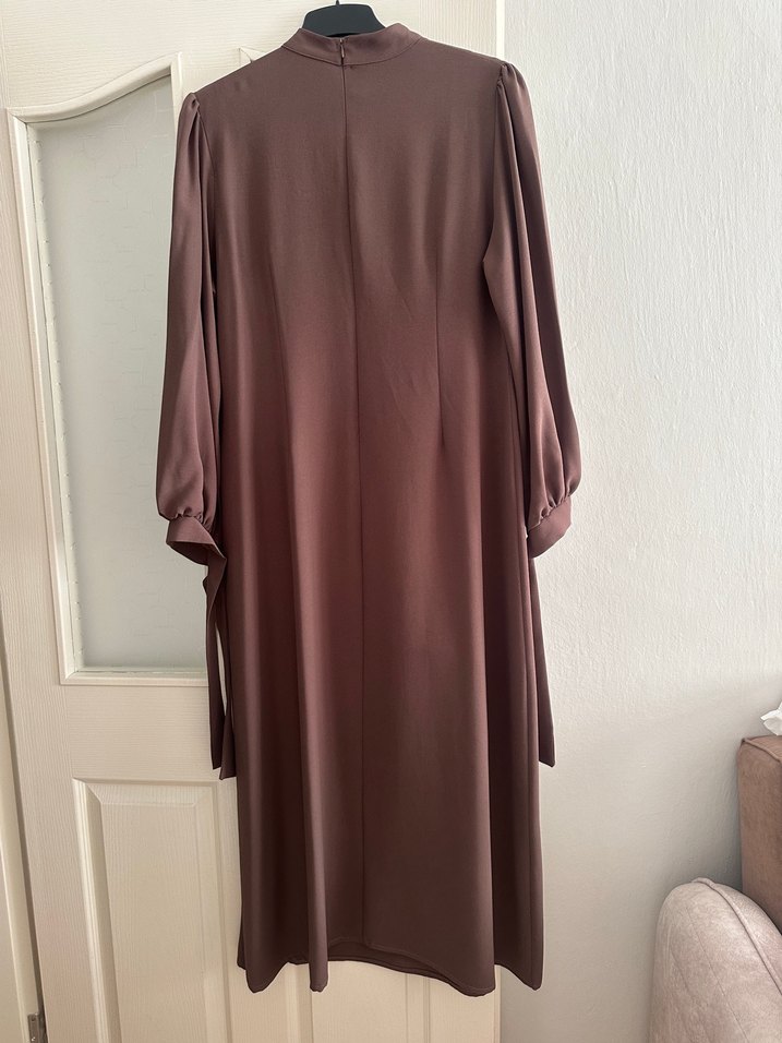 Kahverengi Uzun Kollu Nakışlı Salaş Elbise - Görsel 5