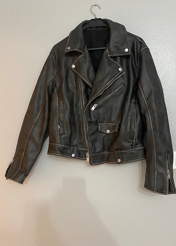 Erkek Deri Biker Ceket, Koyu Kahverengi