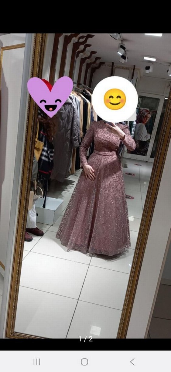 Pembe Uzun Kollu V Yaka Abiye Elbise - Görsel 2