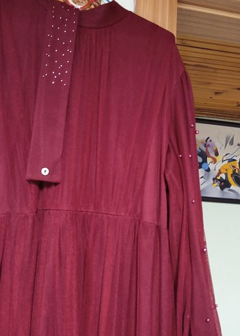 Bordo Uzun Kollu Bohem Abiye Elbise - Görsel 3