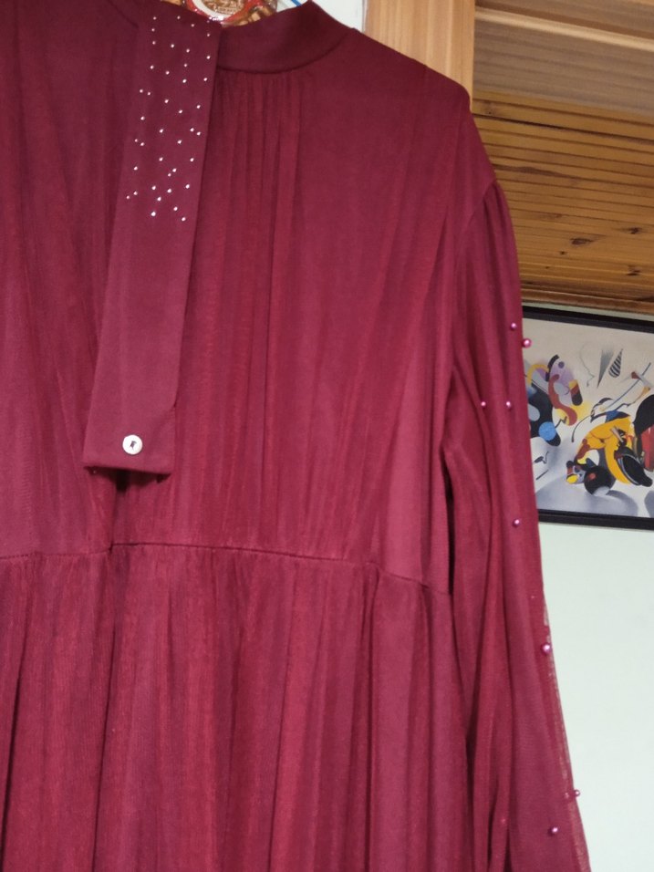 Bordo Uzun Kollu Bohem Abiye Elbise - Görsel 3