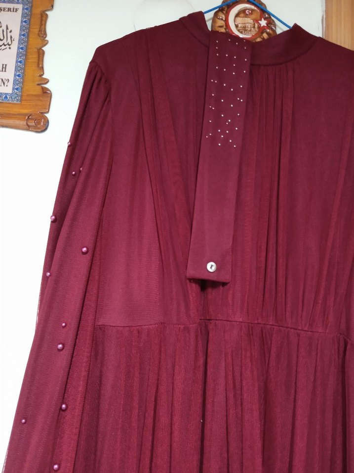 Bordo Uzun Kollu Bohem Abiye Elbise - Görsel 2