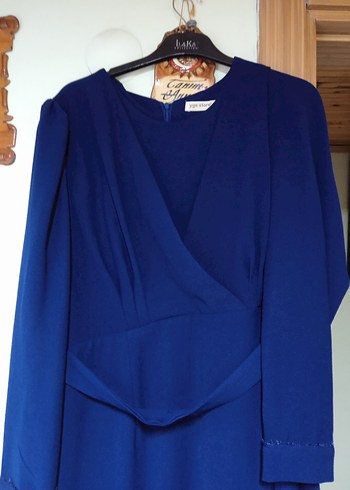 Uzun Lacivert Kadın Elbise, Drapeli, Uzun Kollu - Görsel 2