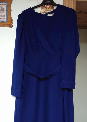 Uzun Lacivert Kadın Elbise, Drapeli, Uzun Kollu - Görsel 4