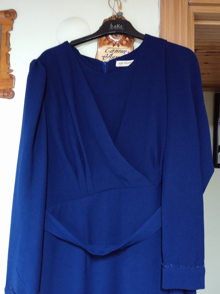 Uzun Lacivert Kadın Elbise, Drapeli, Uzun Kollu - Görsel 2