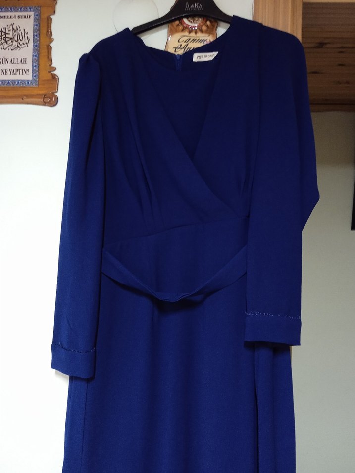 Uzun Lacivert Kadın Elbise, Drapeli, Uzun Kollu - Görsel 4