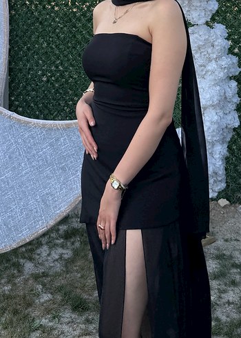 Siyah Straplez Uzun Drapeli Gotik Elbise