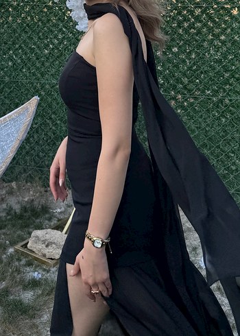 xs Beden Siyah Straplez Uzun Drapeli Gotik Elbise