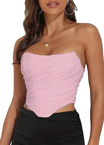 Pembe Drapeli Straplez Mini Büstiyer - Görsel 4