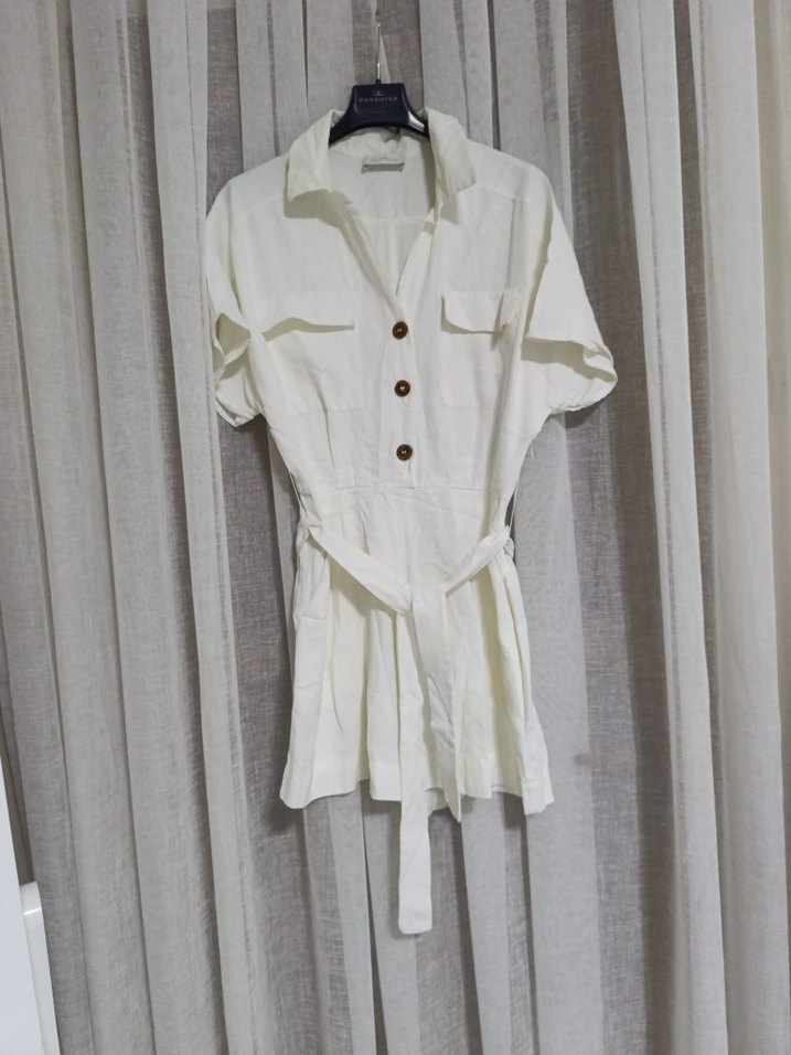 network Beyaz Keten Kısa Tulum - Görsel 2