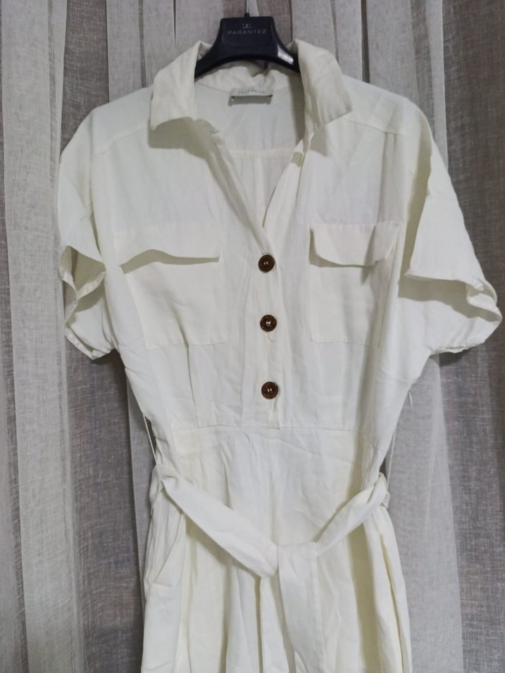 network Beyaz Keten Kısa Tulum - Görsel 4