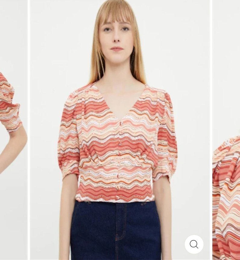 Bohem V Yaka Düğmeli Kısa Kollu bluz - Görsel 2