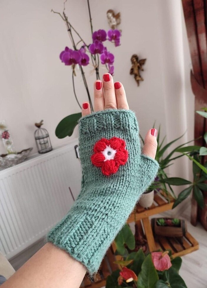 Bohem Tarz Turkuaz Örgü Parmaksız Eldiven - Görsel 2