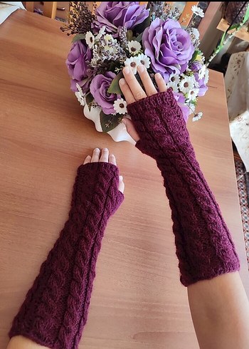 Bordo Örgü Bohem Parmaksız Eldiven - Görsel 2