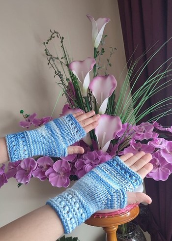 Bohem Tarz Mavi Örgü Kadın Eldiveni - Görsel 2