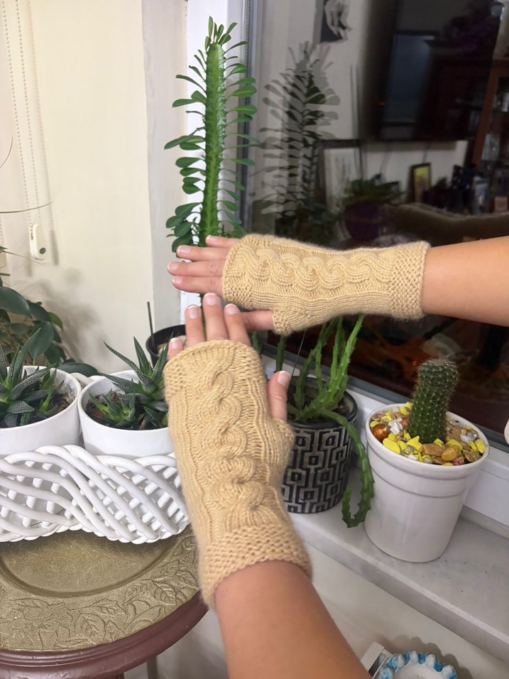 Bej Örgü Bohem Kadın Eldiveni - Görsel 2