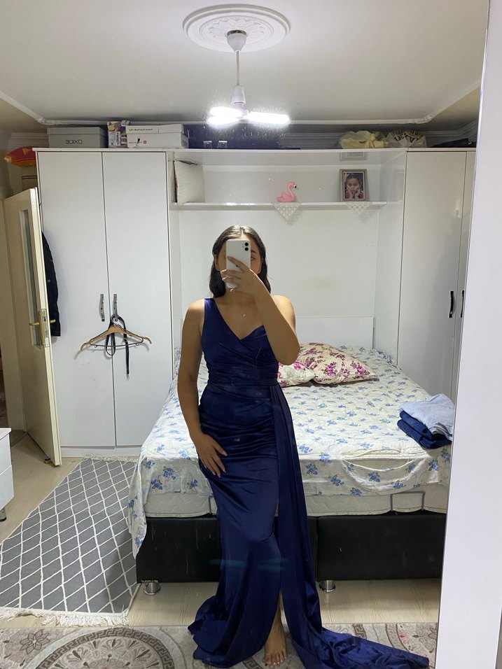 Lacivert Drapeli Uzun Abiye Elbise - Görsel 3