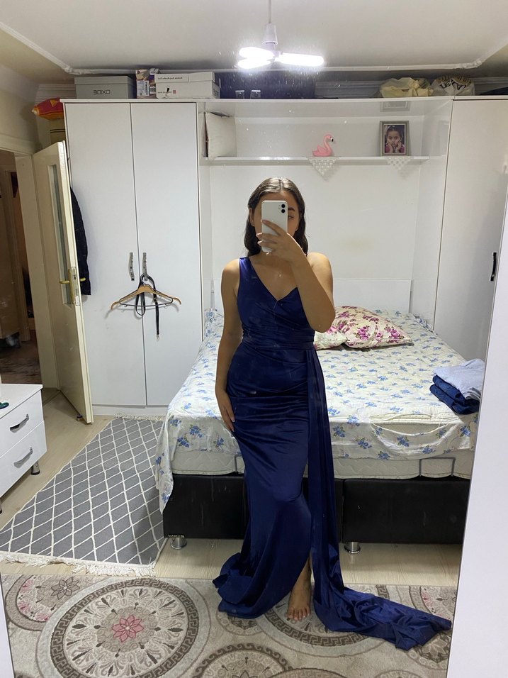 Lacivert Drapeli Uzun Abiye Elbise - Görsel 4