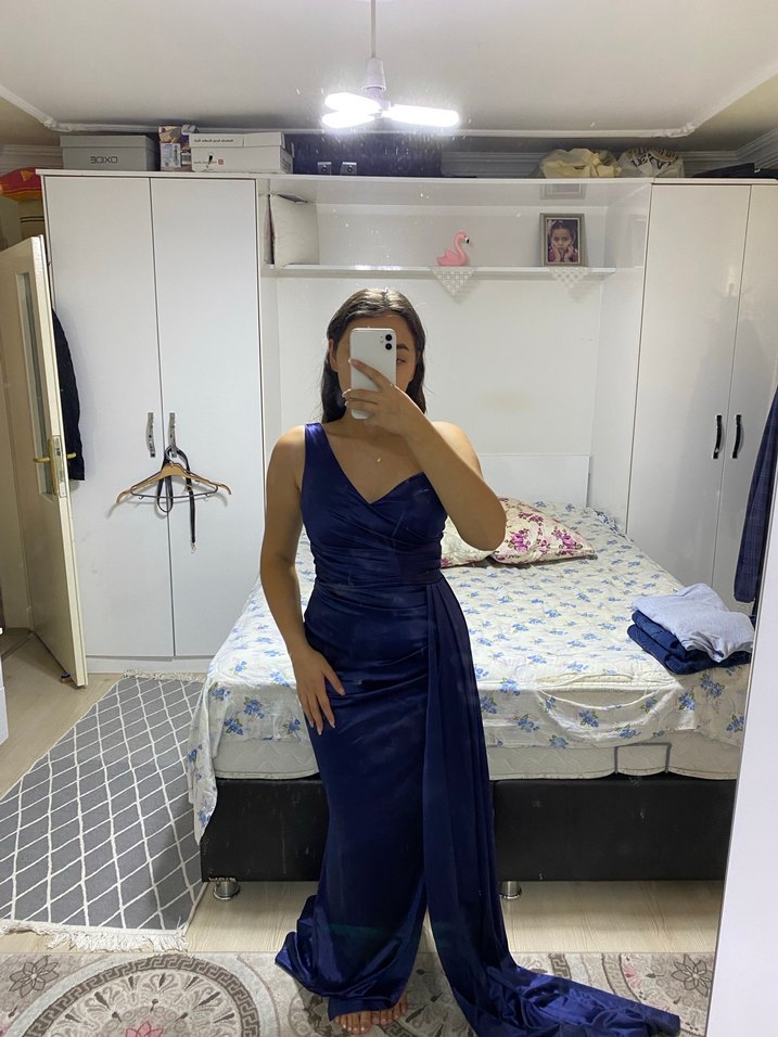 Lacivert Drapeli Uzun Abiye Elbise - Görsel 2