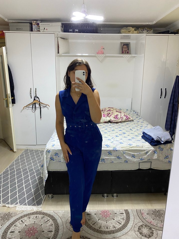 Kemerli Lacivert Denim V Yaka Tulum - Görsel 3