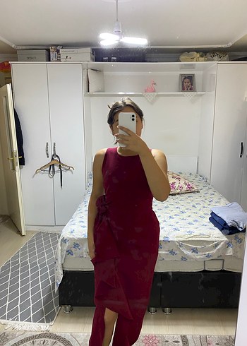 Bordo Drapeli Midi Fitted Straplez Elbise - Görsel 2