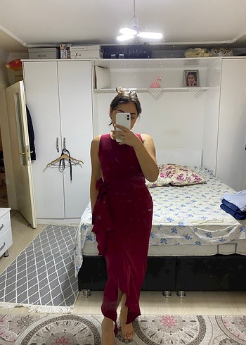 Bordo Drapeli Midi Fitted Straplez Elbise - Görsel 4